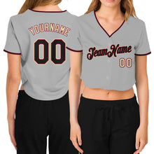 Laden Sie das Bild in den Galerie-Viewer, Custom Women&#39;s Gray Black Crimson-Cream V-Neck Cropped Baseball Jersey
