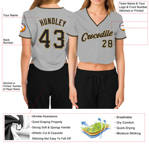 Custom Women's Gray Black-Old Gold V-Neck Cropped Baseball Jersey