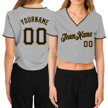 Загрузить изображение в средство просмотра галереи, Custom Women&#39;s Gray Black-Old Gold V-Neck Cropped Baseball Jersey
