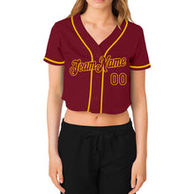 Загрузить изображение в средство просмотра галереи, Custom Women&#39;s Crimson Crimson-Gold V-Neck Cropped Baseball Jersey
