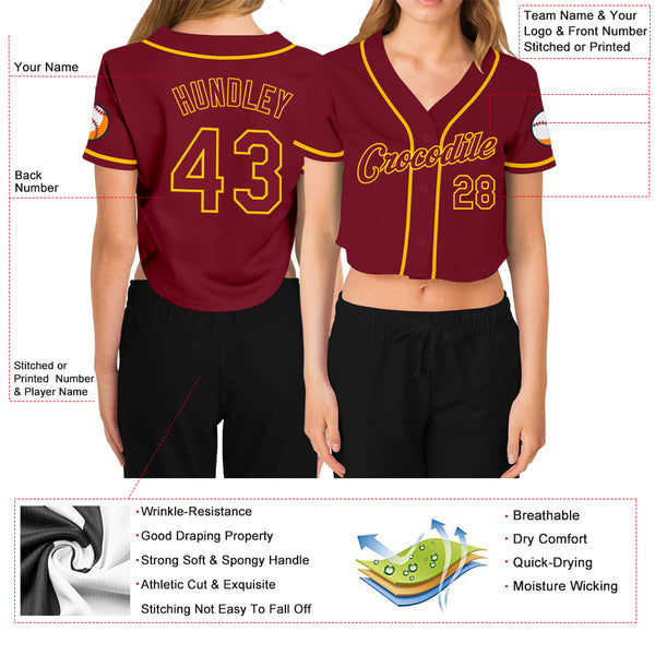 Custom Women's Crimson Crimson-Gold V-Neck Cropped Baseball Jersey Discount