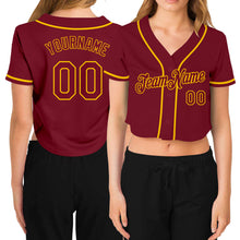 Загрузить изображение в средство просмотра галереи, Custom Women&#39;s Crimson Crimson-Gold V-Neck Cropped Baseball Jersey
