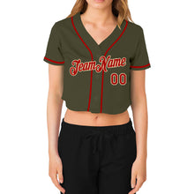 Charger l&#39;image dans la galerie, Custom Women&#39;s Olive Red-Cream Salute To Service V-Neck Cropped Baseball Jersey
