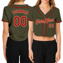 Charger l&#39;image dans la galerie, Custom Women&#39;s Olive Red-Cream Salute To Service V-Neck Cropped Baseball Jersey
