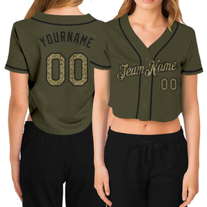 Custom Women's Olive Camo-Black Salute To Service V-Neck Cropped Baseball Jersey