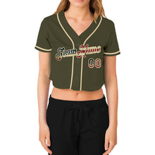 Charger l&#39;image dans la galerie, Custom Women&#39;s Olive Vintage USA Flag-Cream Salute To Service V-Neck Cropped Baseball Jersey
