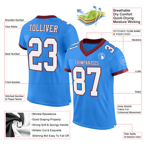 Custom Powder Blue White-Burgundy Mesh Authentic Football Jersey