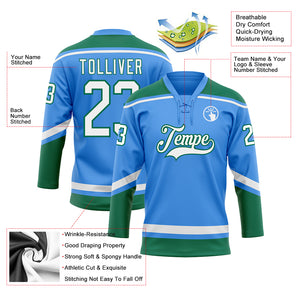 Custom Electric Blue White-Kelly Green Hockey Lace Neck Jersey