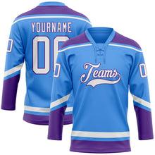 Laden Sie das Bild in den Galerie-Viewer, Custom Electric Blue White-Purple Hockey Lace Neck Jersey
