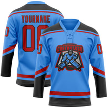 Load image into Gallery viewer, Custom Powder Blue Red-Black Hockey Lace Neck Jersey
