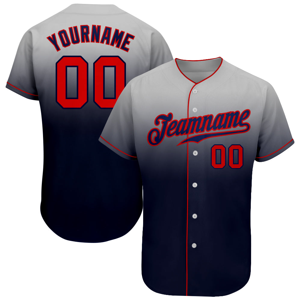 Custom Gray Red-Navy Authentic Fade Fashion Baseball Jersey