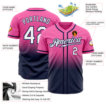 Custom Pink White-Navy Authentic Fade Fashion Baseball Jersey