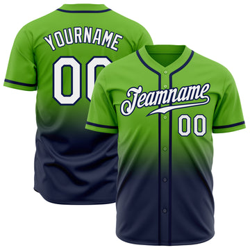 Custom Neon Green White-Navy Authentic Fade Fashion Baseball Jersey