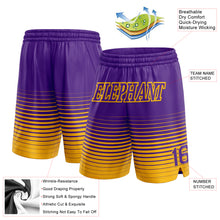 Laden Sie das Bild in den Galerie-Viewer, Custom Purple Gold Pinstripe Fade Fashion Authentic Basketball Shorts
