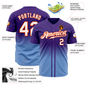 Custom Purple White Light Blue-Orange Authentic Fade Fashion Baseball Jersey