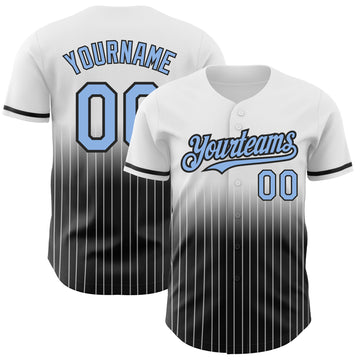 Custom White Pinstripe Light Blue-Black Authentic Fade Fashion Baseball Jersey