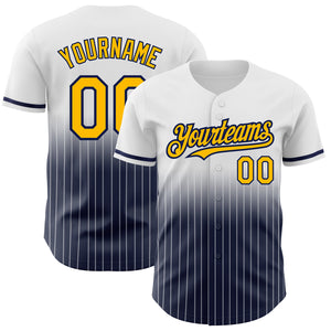 Custom White Pinstripe Gold-Navy Authentic Fade Fashion Baseball Jersey