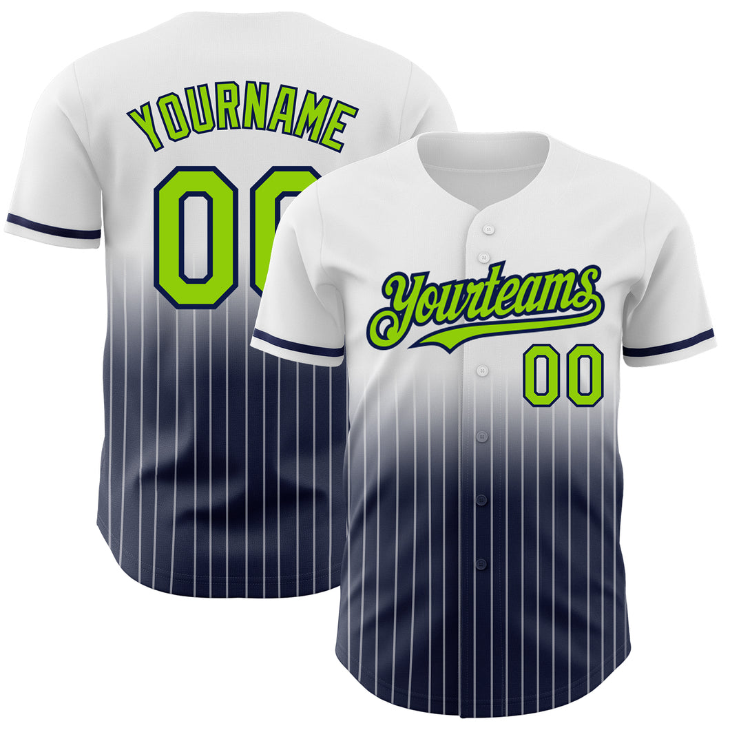 Custom White Pinstripe Neon Green-Navy Authentic Fade Fashion Baseball Jersey