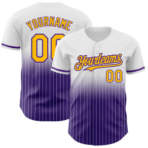 Custom White Pinstripe Gold-Purple Authentic Fade Fashion Baseball Jersey