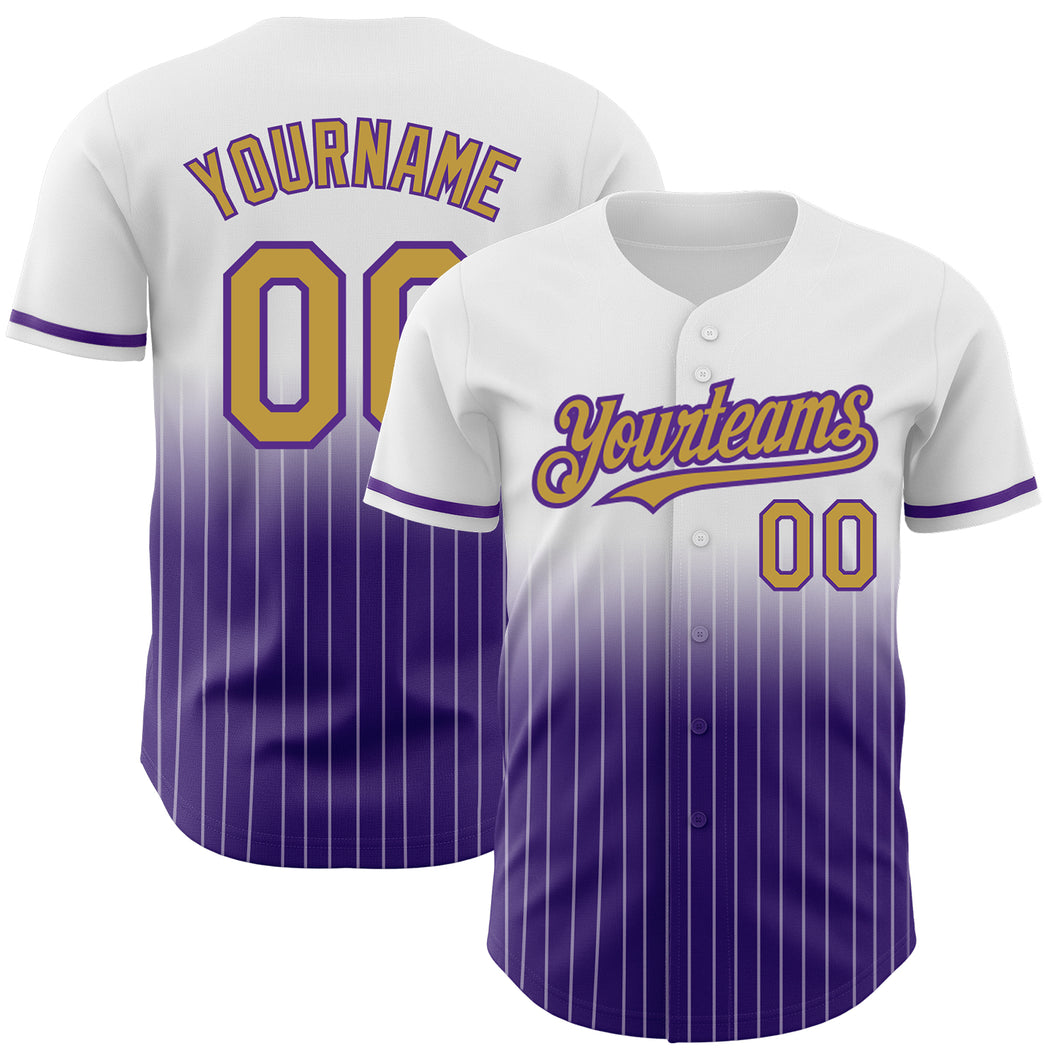 Custom White Pinstripe Old Gold-Purple Authentic Fade Fashion Baseball Jersey