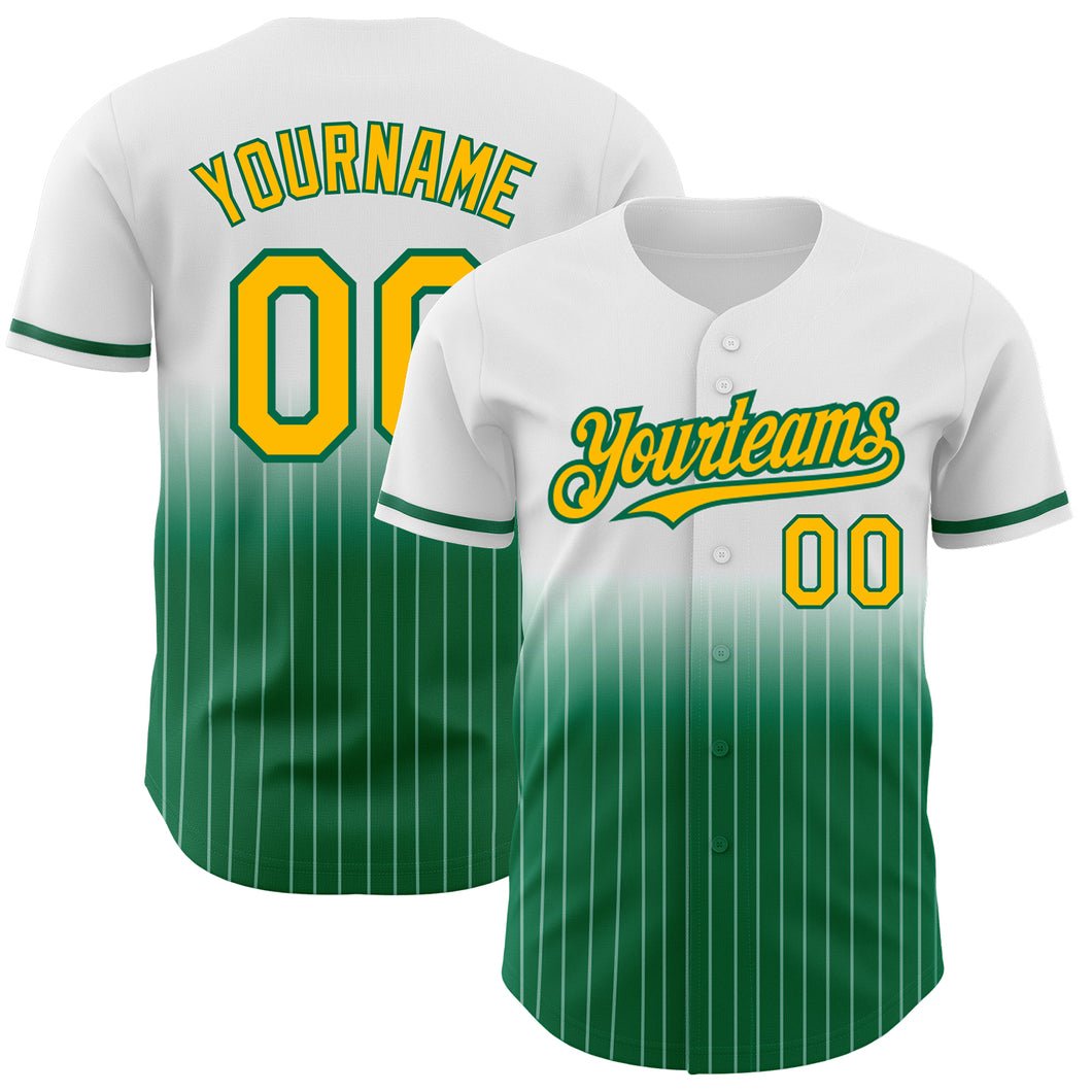 Custom White Pinstripe Gold-Kelly Green Authentic Fade Fashion Baseball Jersey