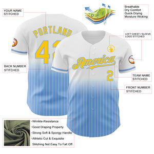 Custom White Pinstripe Yellow-Light Blue Authentic Fade Fashion Baseball Jersey