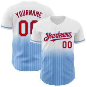 Custom White Pinstripe Red-Light Blue Authentic Fade Fashion Baseball Jersey