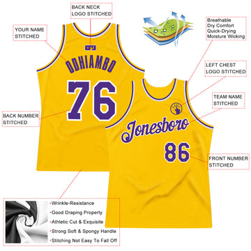 Custom Gold Purple-White Authentic Throwback Basketball Jersey