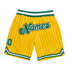 Load image into Gallery viewer, Custom Gold Black Pinstripe Kelly Green-White Authentic Basketball Shorts
