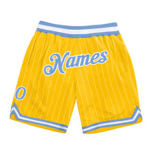 Load image into Gallery viewer, Custom Gold White Pinstripe Light Blue-White Authentic Basketball Shorts
