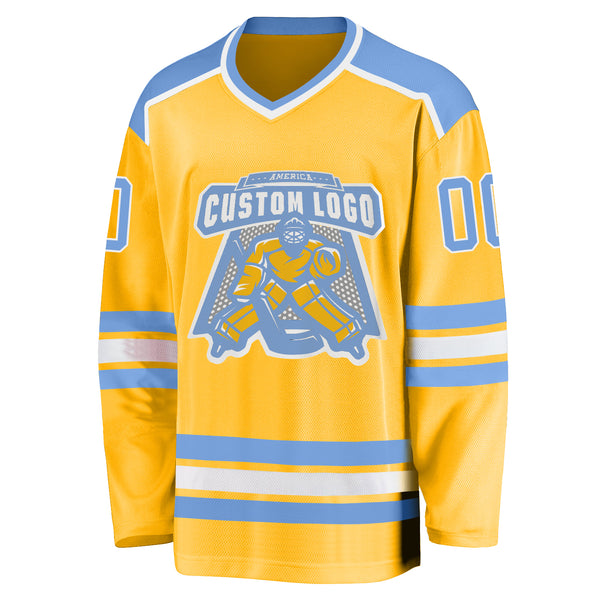 Light Blue/Gold/White Sublimated Custom Ice Hockey Jerseys | YoungSpeeds