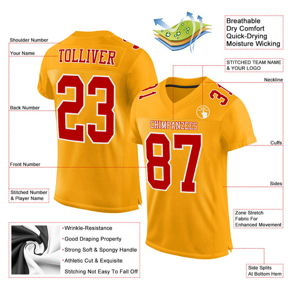 Custom Red Gold-White Mesh Authentic Football Jersey