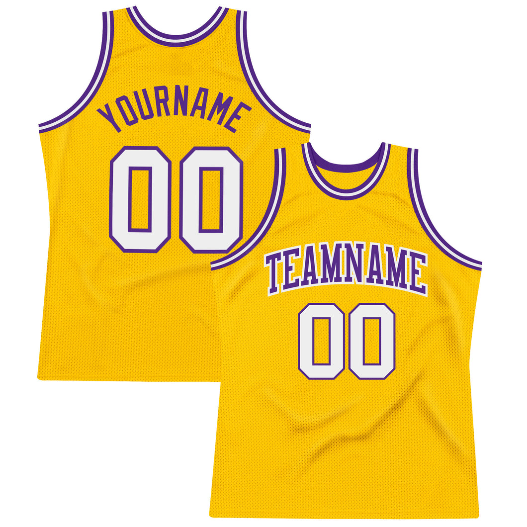 Custom Gold White-Purple Authentic Throwback Basketball Jersey