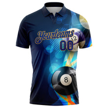 Load image into Gallery viewer, Custom Navy Royal-Old Gold 3D Pattern Design Billiards Performance Polo Shirt
