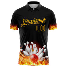 Load image into Gallery viewer, Custom Black Gold 3D Pattern Design Flame Bowling Performance Polo Shirt
