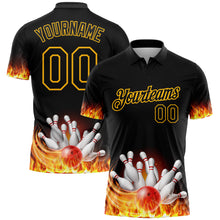 Laden Sie das Bild in den Galerie-Viewer, Custom Black Gold 3D Pattern Design Flame Bowling Performance Polo Shirt
