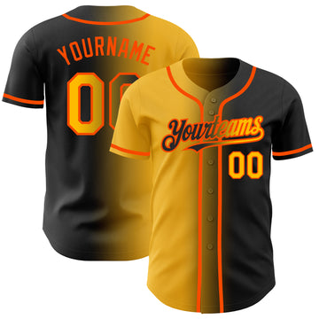 Custom Black Gold-Orange Authentic Gradient Fashion Baseball Jersey