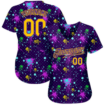 Custom Graffiti Pattern Gold-Purple 3D Clashing Colors Paint-Splatter Authentic Baseball Jersey