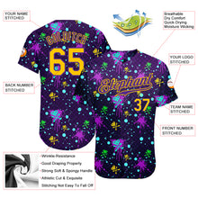 Load image into Gallery viewer, Custom Graffiti Pattern Gold-Purple 3D Clashing Colors Paint-Splatter Authentic Baseball Jersey
