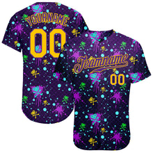 Load image into Gallery viewer, Custom Graffiti Pattern Gold-Purple 3D Clashing Colors Paint-Splatter Authentic Baseball Jersey
