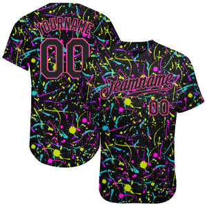 Custom Graffiti Pattern Black-Pink 3D Neon Splatter Authentic Baseball Jersey