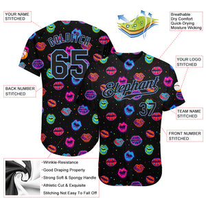 Custom Graffiti Pattern Black-Light Blue 3D Dots And Kiss Lips Authentic Baseball Jersey