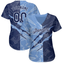 Load image into Gallery viewer, Custom Graffiti Pattern Navy-Light Blue 3D Scratch Authentic Baseball Jersey
