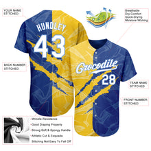 Laden Sie das Bild in den Galerie-Viewer, Custom Graffiti Pattern White Yellow Royal-Light Blue 3D Scratch Authentic Baseball Jersey
