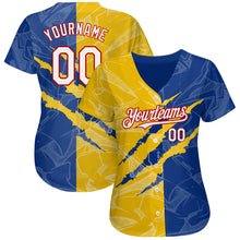 Load image into Gallery viewer, Custom Graffiti Pattern White Royal Yellow-Red 3D Scratch Authentic Baseball Jersey
