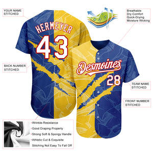 Custom Graffiti Pattern White Royal Yellow-Red 3D Scratch Authentic Baseball Jersey