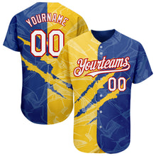 Load image into Gallery viewer, Custom Graffiti Pattern White Royal Yellow-Red 3D Scratch Authentic Baseball Jersey
