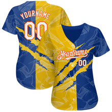 Load image into Gallery viewer, Custom Graffiti Pattern White Royal Yellow-Orange 3D Scratch Authentic Baseball Jersey
