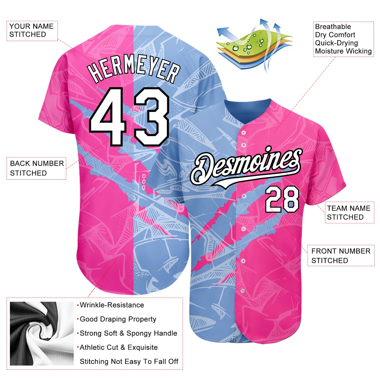 Custom Pink White-Black Authentic Baseball Jersey Discount