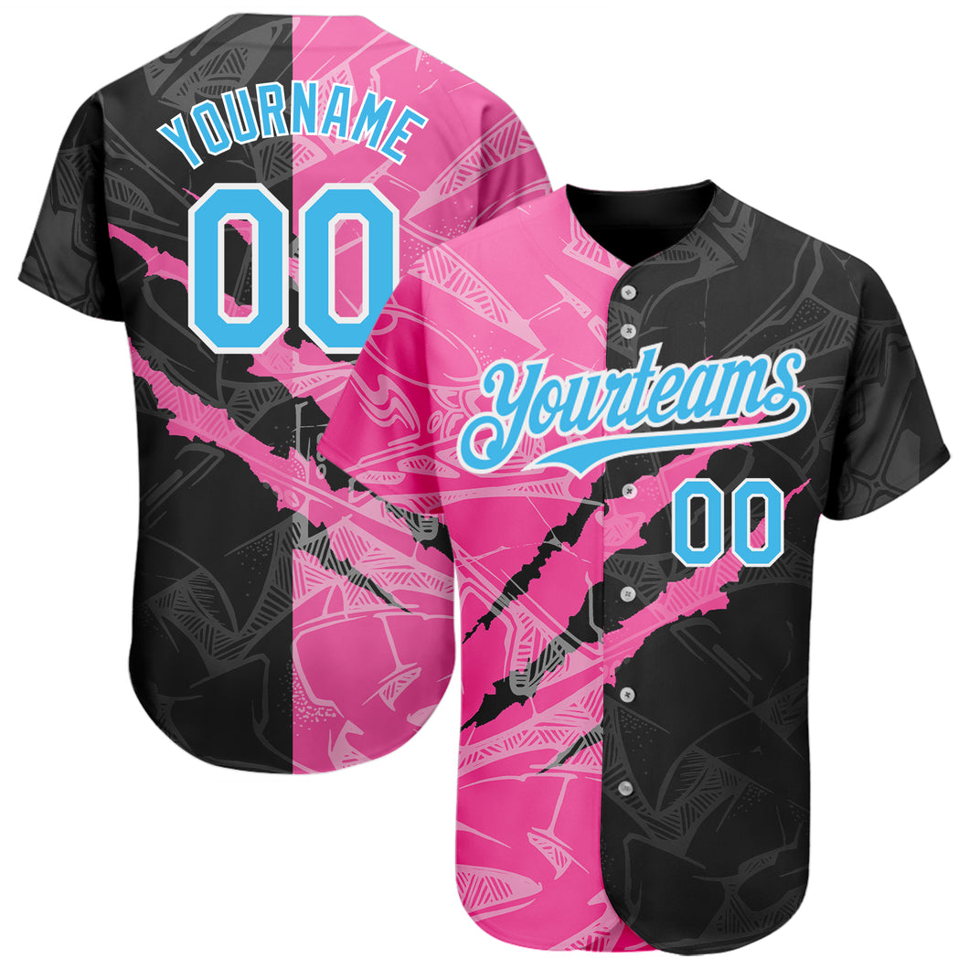 Custom Graffiti Pattern Sky Blue Black-Pink 3D Scratch Authentic Baseball Jersey